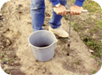Prélèvement d’échantillons de sol avec une tarière de 2,5 cm de diamètre. Les carottes de sol seront déposées dans un seau propre et expédiées à un laboratoire aux fins d’analyse.